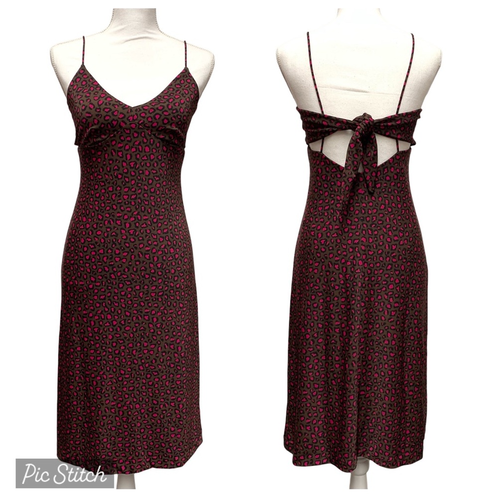 Banana Republic Tie Back Midi Slip Dress XS Leopard Print Brown Pink Stretch‎